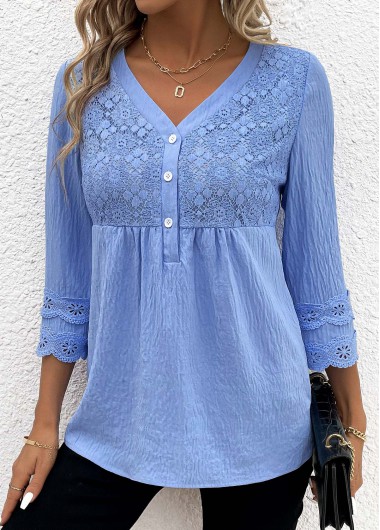 ROTITA Lace Blue V Neck Long Sleeve Blouse