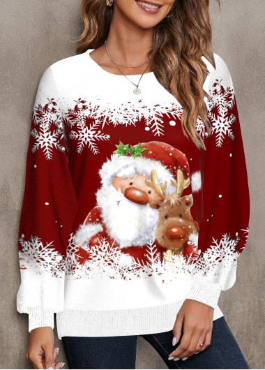 ROTITA Patchwork Christmas Print Wine Red Round Neck Sweatshirt