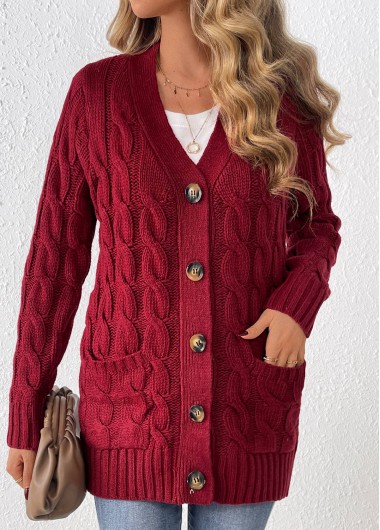 ROTITA Button Wine Red V Neck Long Sleeve Cardigan