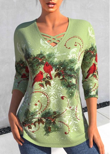 ROTITA Criss Cross Plants Print Avocado Green T Shirt