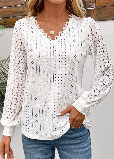 Patchwork White V Neck Long Sleeve T Shirt