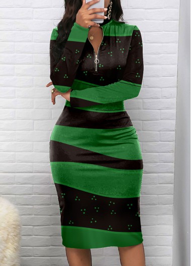 ROTITA Zipper Geometric Print Green Stand Collar Bodycon Dress
