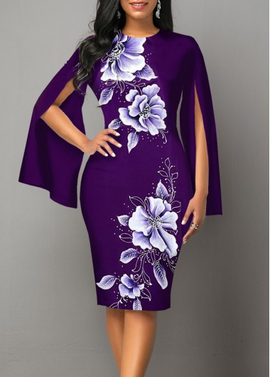 ROTITA Split Floral Print Purple Round Neck Bodycon Dress