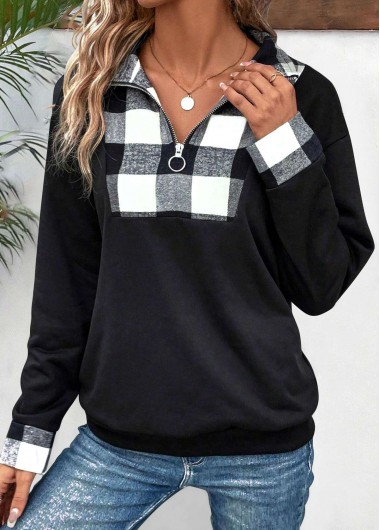 ROTITA Patchwork Plaid Black Turn Down Collar Long Sleeve Sweatshirt