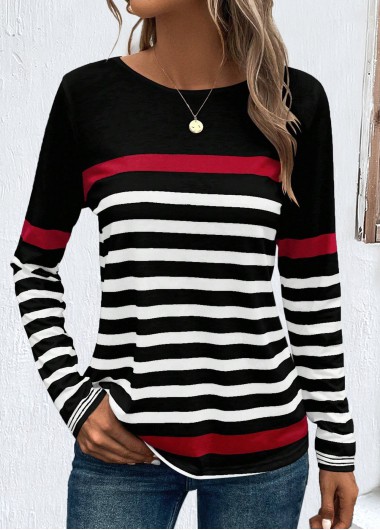 ROTITA Patchwork Striped Black Round Neck Long Sleeve Sweatshirt