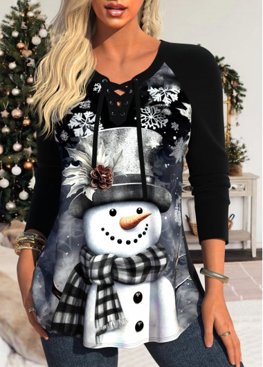 ROTITA Lace Up Snowman Print Black Tie Collar Sweatshirt