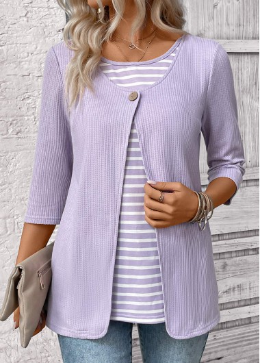 ROTITA Fake 2in1 Striped Light Purple Round Neck T Shirt