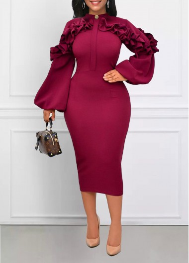 ROTITA Frill Wine Red Stand Collar Bodycon Dress