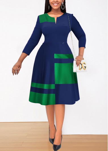 ROTITA Patchwork Geometric Print Navy Split Neck Dress