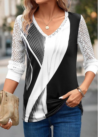 Lace Geometric Print Grey V Neck T Shirt