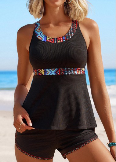 ROTITA Patchwork Black Tribal Print Mid Waisted Tankini Set