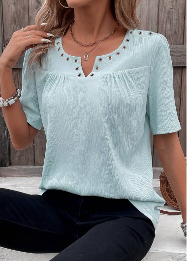 ROTITA Eyelet Light Blue Split Neck Short Sleeve Blouse