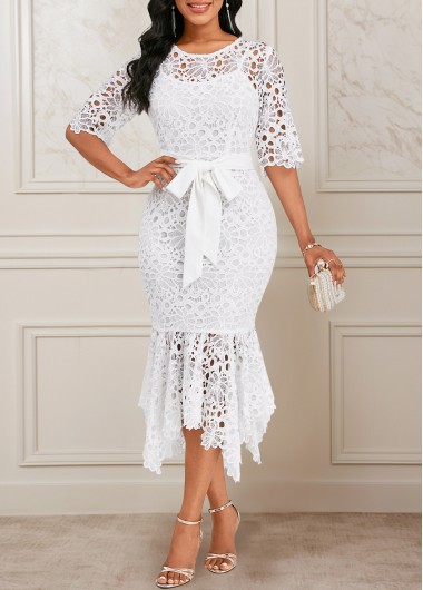 ROTITA Mermaid White Round Neck Half Sleeve Bodycon Dress