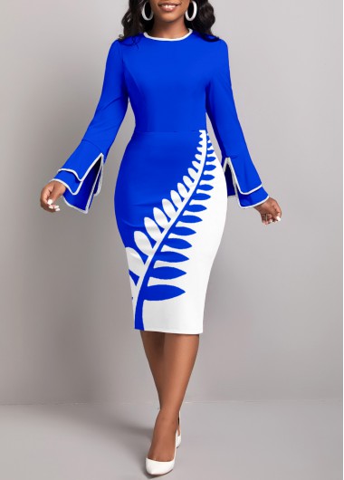 ROTITA Patchwork Leaf Print Royal Blue Bodycon Dress