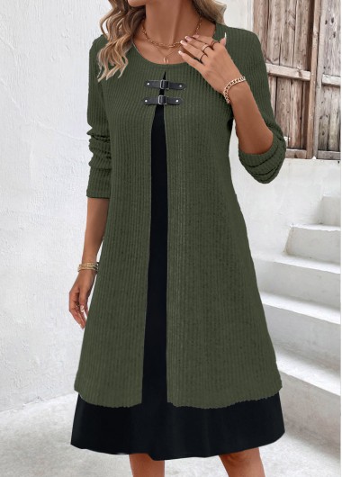 ROTITA Fake 2in1 Olive Green A Line Dress