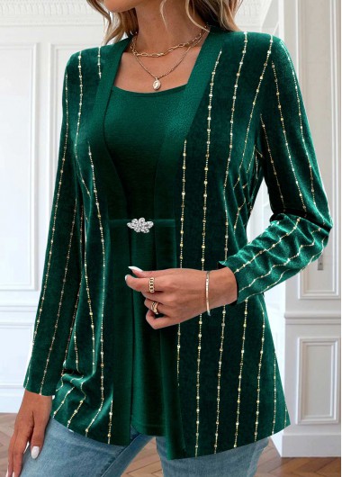 ROTITA Velvet Blackish Green Split Neck Long Sleeve Blouse