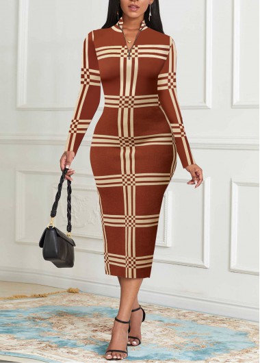 ROTITA Zipper Striped Light Coffee Stand Collar Dress