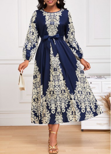ROTITA Tie Tribal Print Navy Belted Round Neck Dress