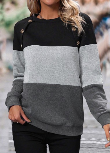 ROTITA Patchwork Dark Grey Round Neck Long Sleeve Sweatshirt