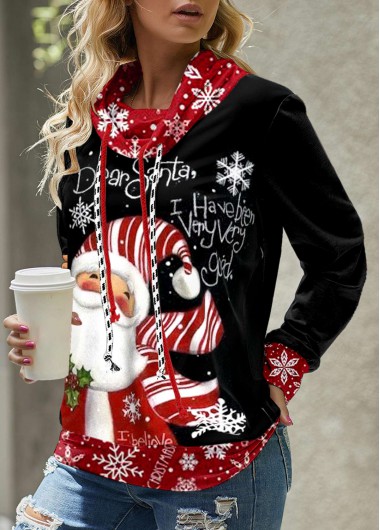 ROTITA Patchwork Christmas Print Black Cowl Neck Long Sleeve Sweatshirt