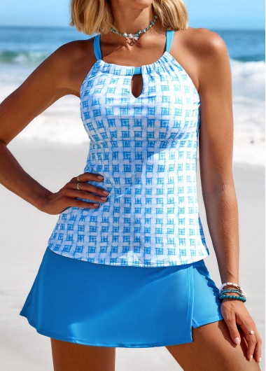 ROTITA Cut Out Sky Blue Geometric Print Tankini Set