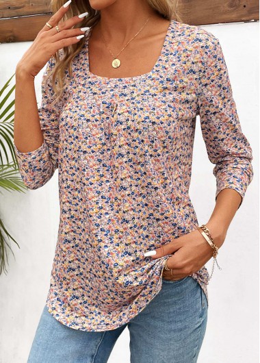 Ruched Ditsy Floral Print Yellow Square Neck T Shirt