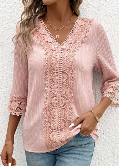 ROTITA Lace Light Pink Embroidery V Neck Blouse