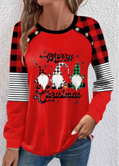 ROTITA Button Christmas Print Wine Red Round Neck T Shirt