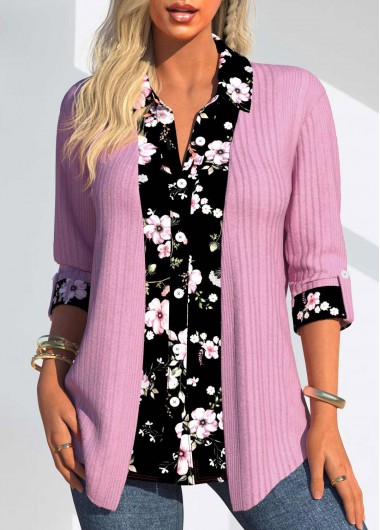 ROTITA Fake 2in1 Random Floral Print Pink Shirt Collar Blouse