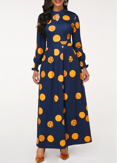 ROTITA Cut Out Polka Dot Navy Stand Collar Maxi Dress
