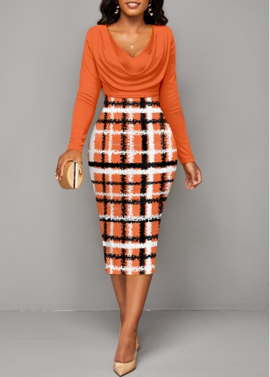 ROTITA Patchwork Plaid Orange Draped Neck Long Sleeve Bodycon Dress