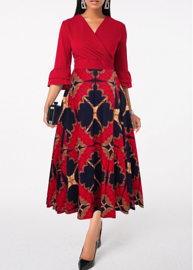 ROTITA Patchwork Tribal Print Wine Red Cross Collar Dress
