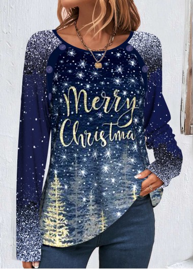 ROTITA Patchwork Christmas Print Navy Round Neck Long Sleeve Sweatshirt