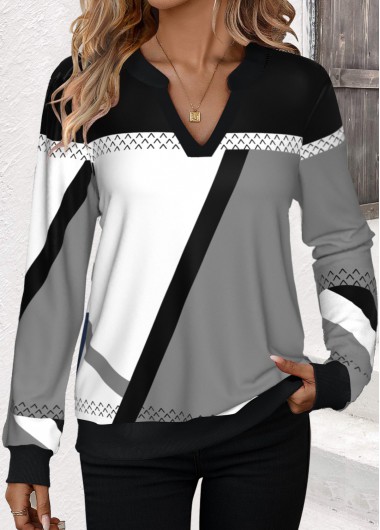 ROTITA Patchwork Geometric Print Black Split Neck Sweatshirt