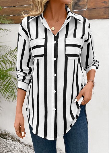 Pocket Striped Black Shirt Collar Long Sleeve Blouse