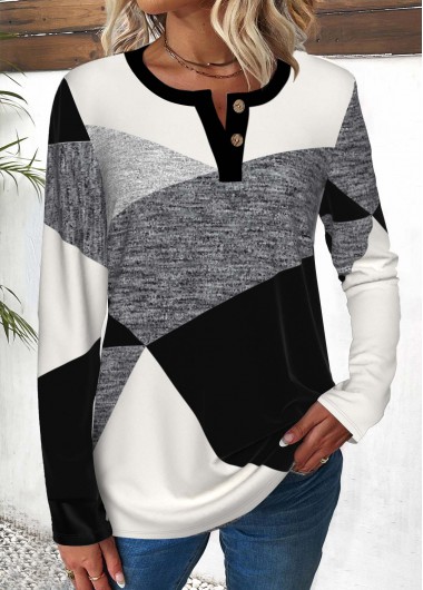 ROTITA Button Geometric Print Multi Color Round Neck T Shirt