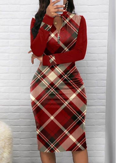 ROTITA Zipper Plaid Wine Red Stand Collar Bodycon Dress