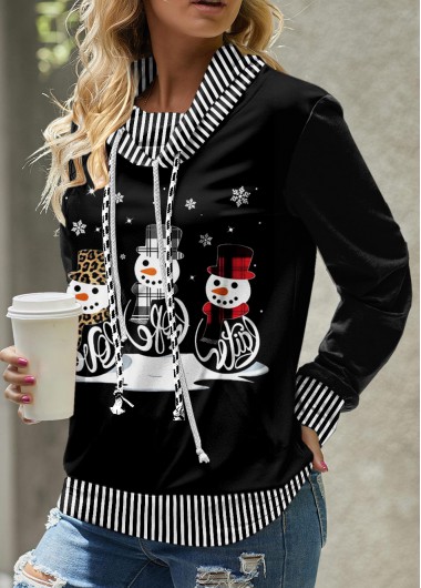 ROTITA Patchwork Snowman Print Black Cowl Neck Christmas Sweatshirt