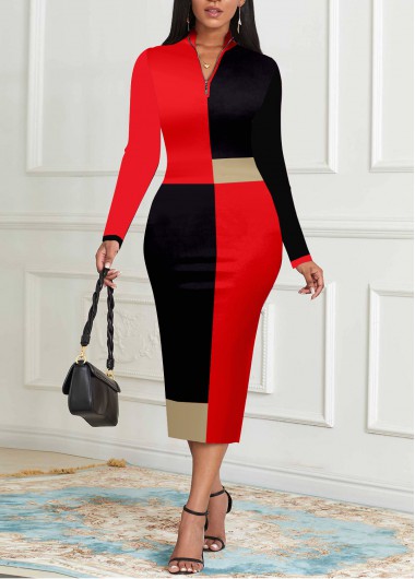 ROTITA Stand Collar Geometric Print Black Bodycon Dress