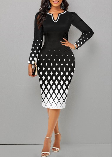 ROTITA Patchwork Geometric Print Black Split Neck Dress