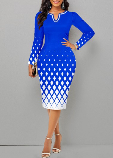 ROTITA Split Geometric Print Royal Blue Long Sleeve Dress