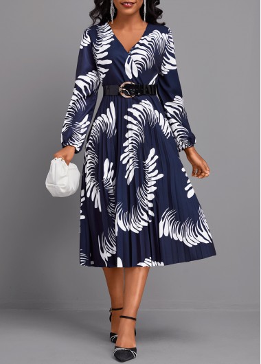 ROTITA Pleated Graffiti Print Navy V Neck Long Sleeve Dress