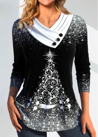 ROTITA Christmas Print Black Asymmetrical Neck Long Sleeve T Shirt