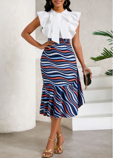 ROTITA Ruffle Moire Print Raw White Tie Collar Bodycon Dress