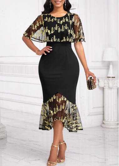 ROTITA Embroidery Black High Low Round Neck Bodycon Dress