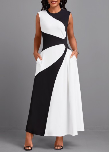 ROTITA Patchwork Black Maxi Round Neck Sleeveless Dress