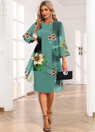 ROTITA Fake 2in1 Floral Print Green High Low Dress