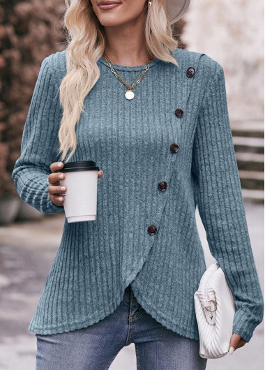 Button Round Neck Long Sleeve T Shirt