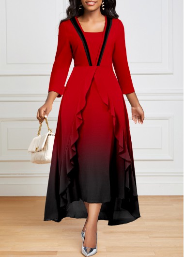 ROTITA Ruffle Ombre Red High Low Square Neck Dress