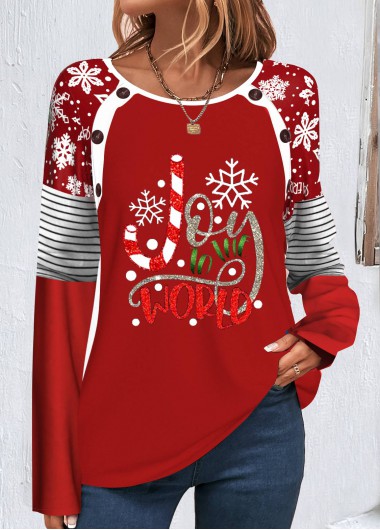 ROTITA Patchwork Christmas Print Red Round Neck Long Sleeve Sweatshirt